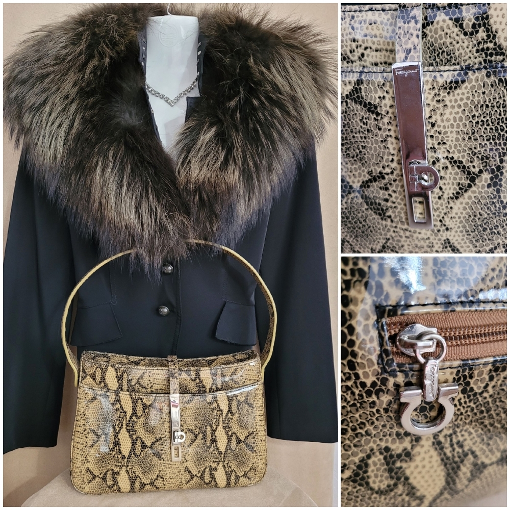 Salvatore Ferragamo Yellow and Black Snakeskin-Print Shoulder Bag - Picture 2 of 10